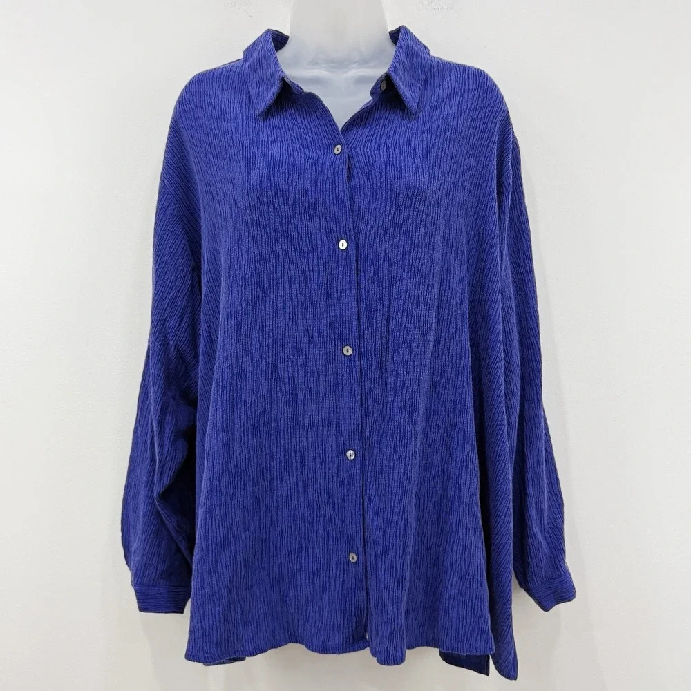 Eileen Fisher Woven Plisse Classic Collar Shirt 3X Loose Capsule Tencel Stretch